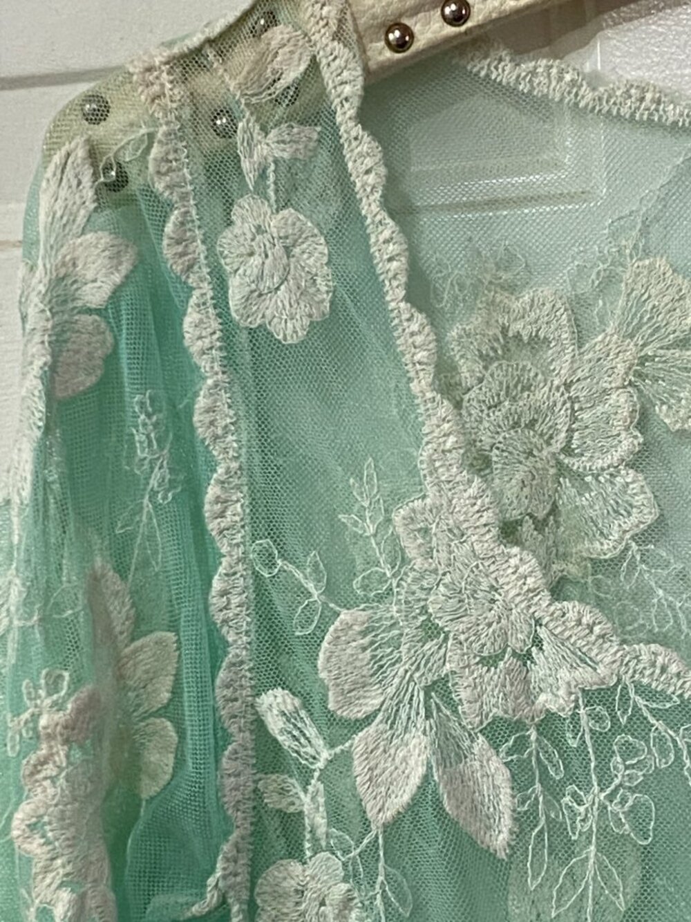 NEW BY TOGETHER Mesh Embroidered Top Blouse Tunic Long Sleeve Aqua/White - Picture 3 of 10